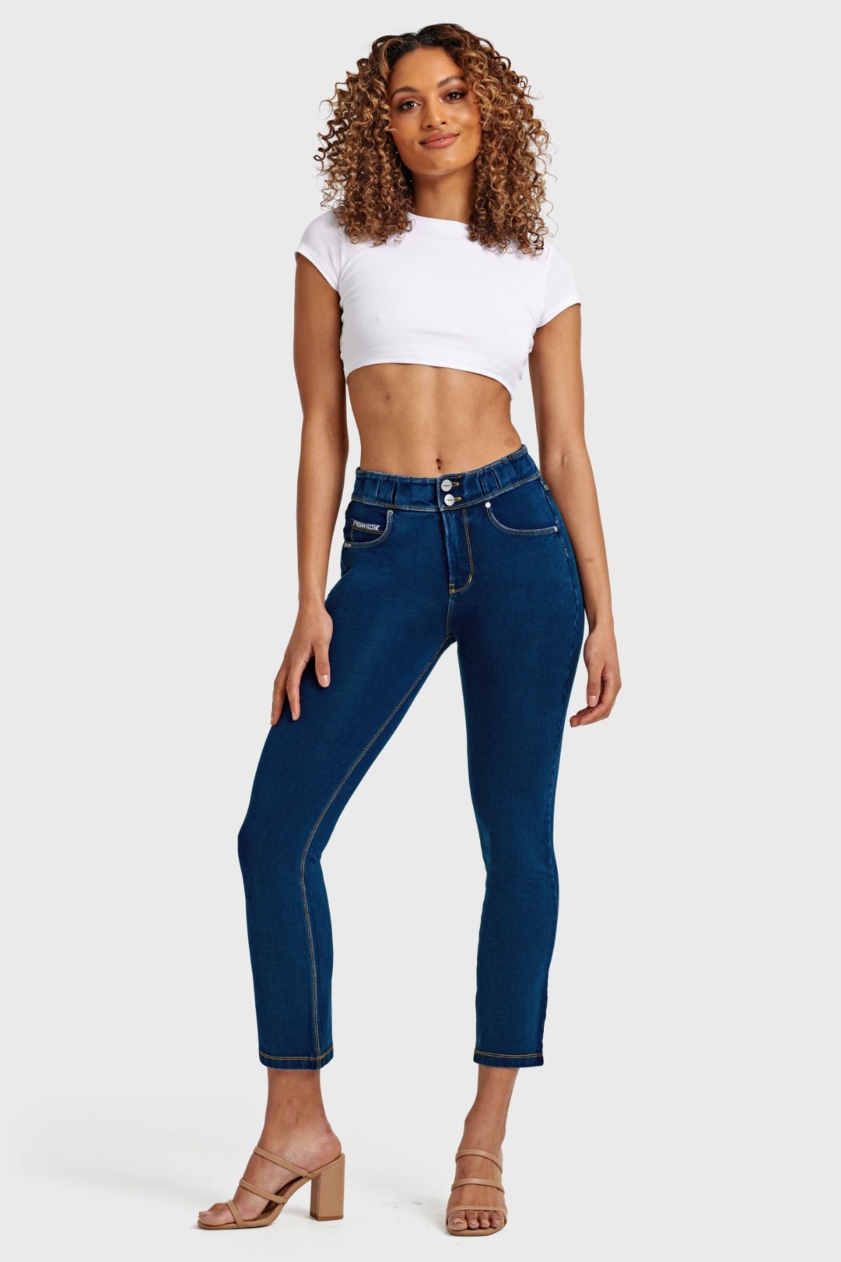 N.O.W CROPPED KICK FLARE DARK DENIM YELLOW STITCH