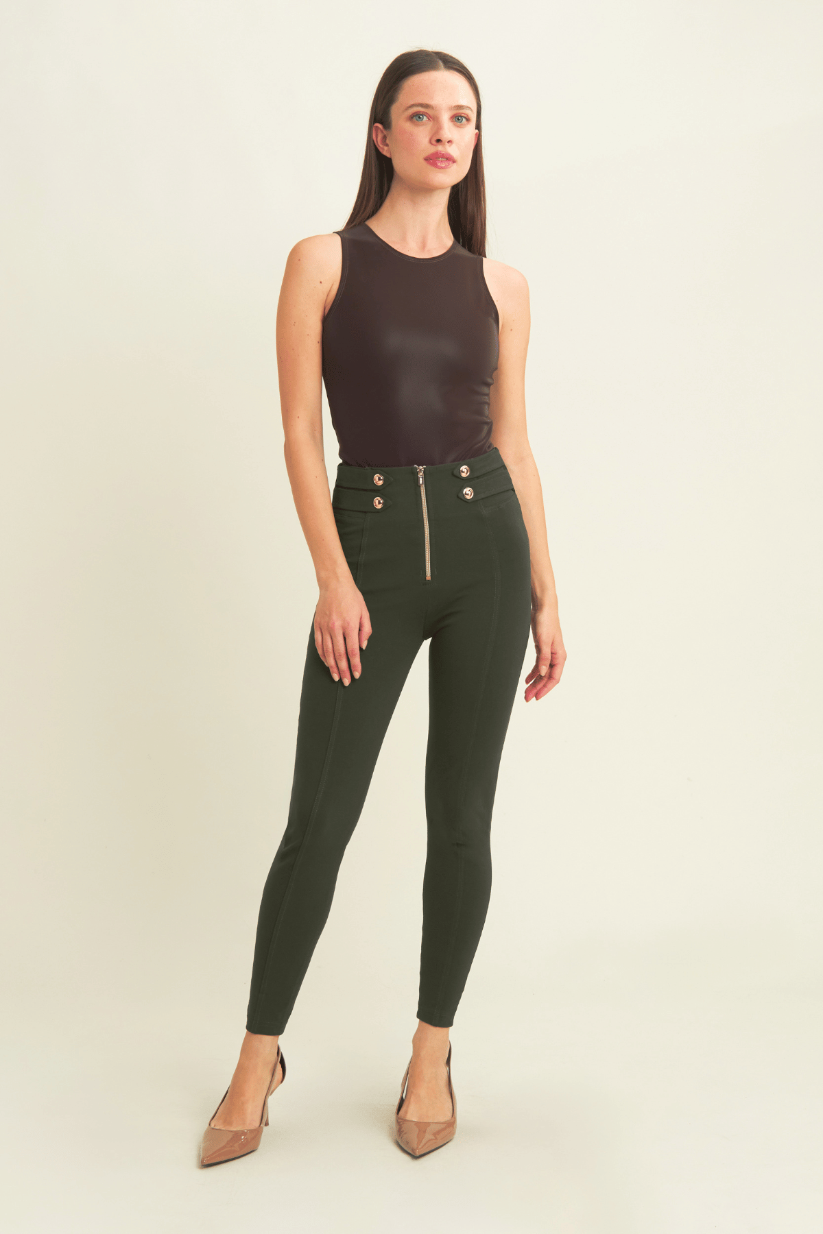 Military Button Detail Cotton High Waist Ankle Length Deep Olive Green