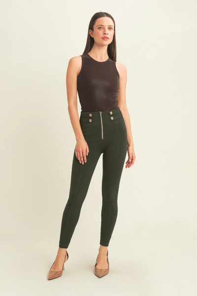 Military Button Detail Cotton High Waist Ankle Length Deep Olive Green