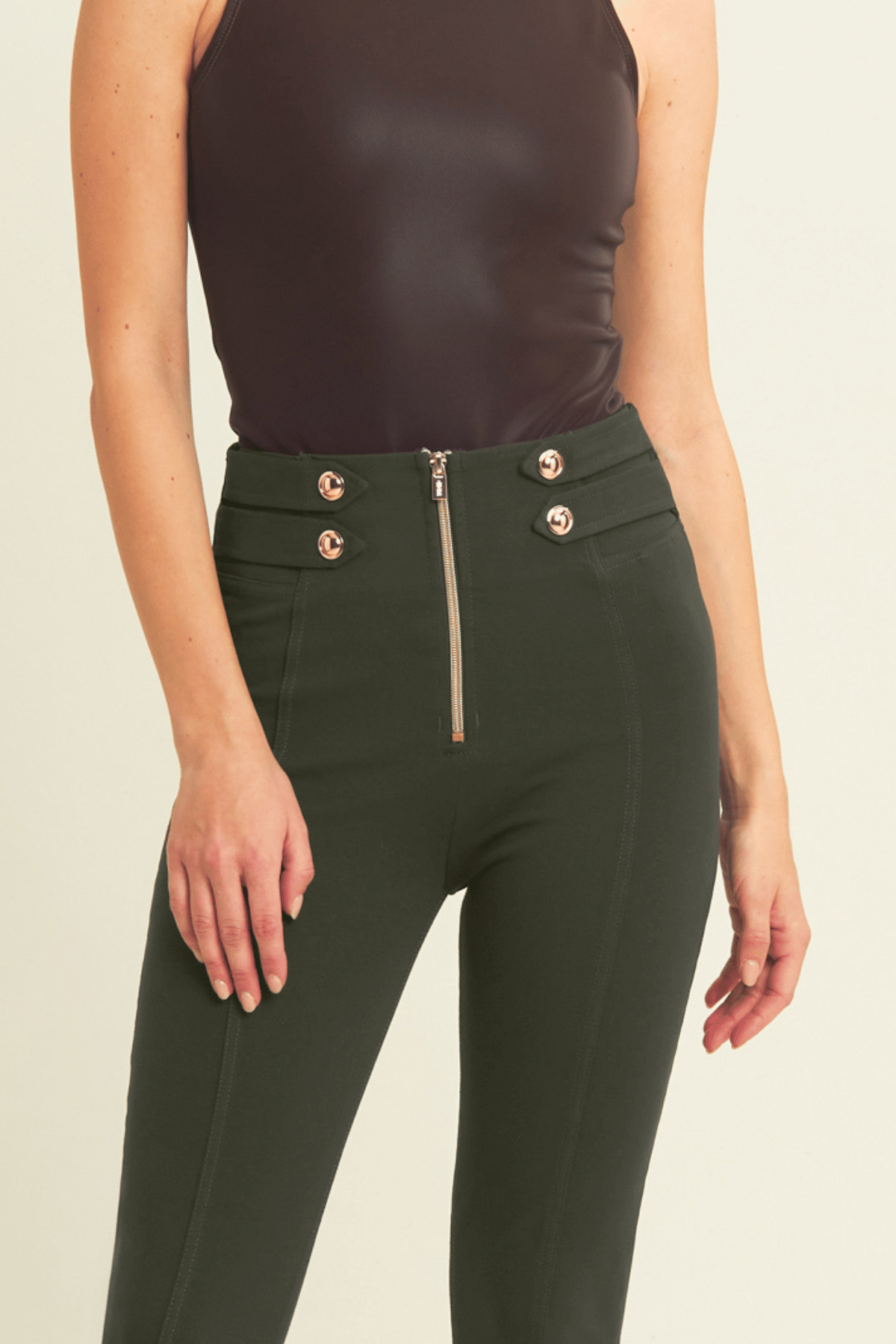 Military Button Detail Cotton High Waist Ankle Length Deep Olive Green