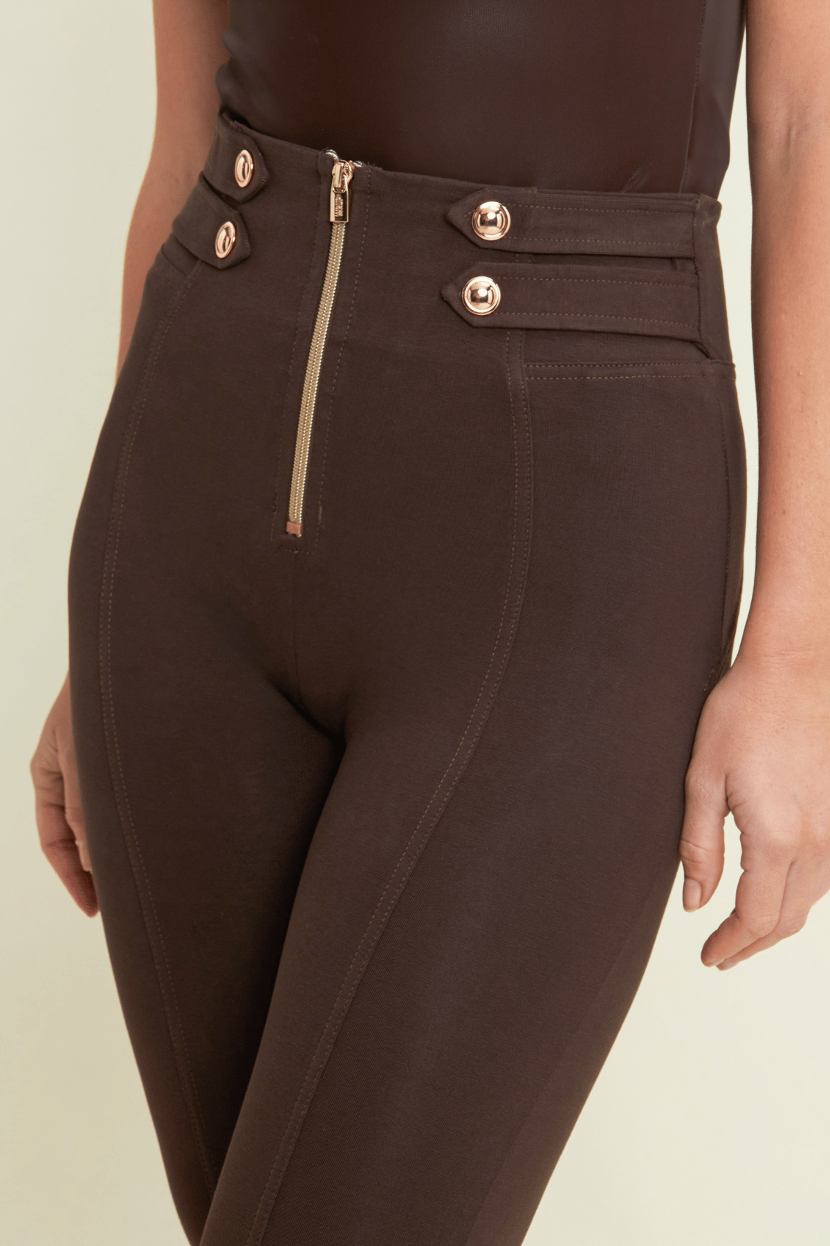 Military Button Detail Cotton High Waist Ankle Length Deep Mocha Brown