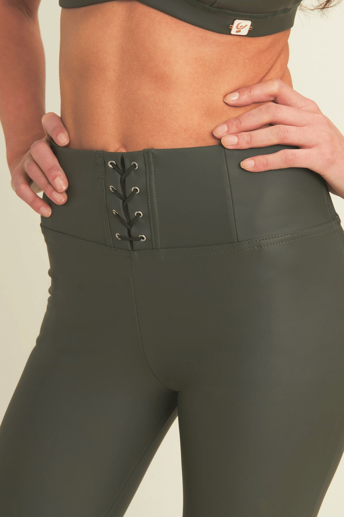 Lace Up Front Detail Leather High Waist Deep Olive Green