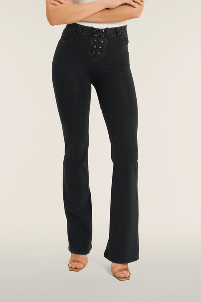 Lace Up Detail Black Denim High Waist Flares