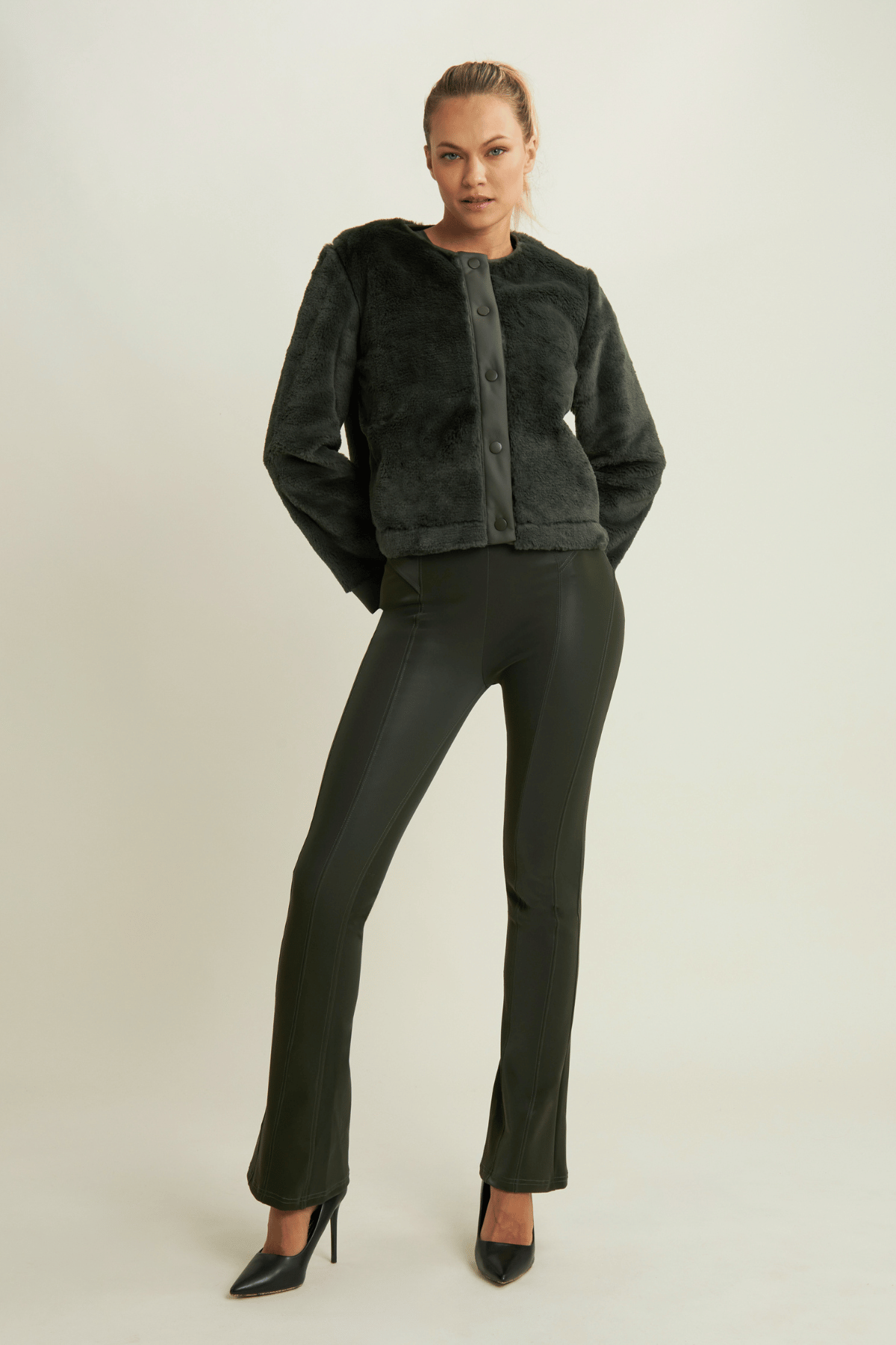 Velvet Leather Mini Flare Deep Olive Green High Waist