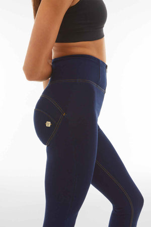 Freddy WR.UP® dark indigo denim yellow stitch super high waist jeans – view 3