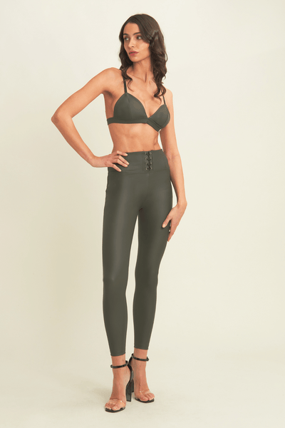 Lace Up Front Detail Leather High Waist Deep Olive Green