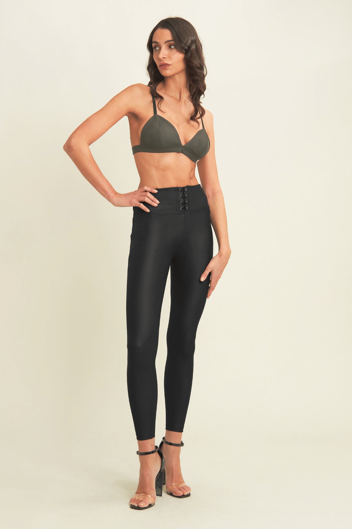Lace Up Front Detail Leather Black High Waist Black