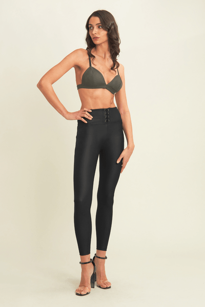 Lace Up Front Detail Leather Black High Waist Black