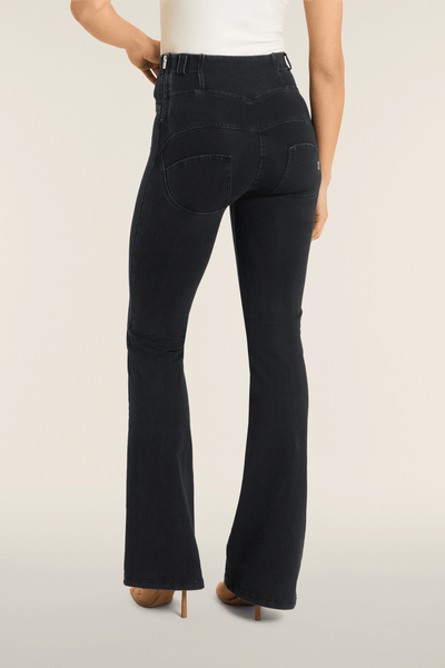 Lace Up Detail Black Denim High Waist Flares