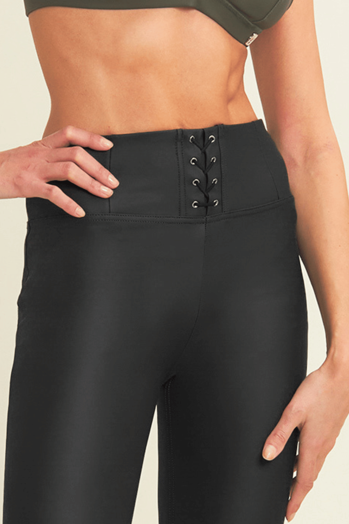 Lace Up Front Detail Leather Black High Waist Black