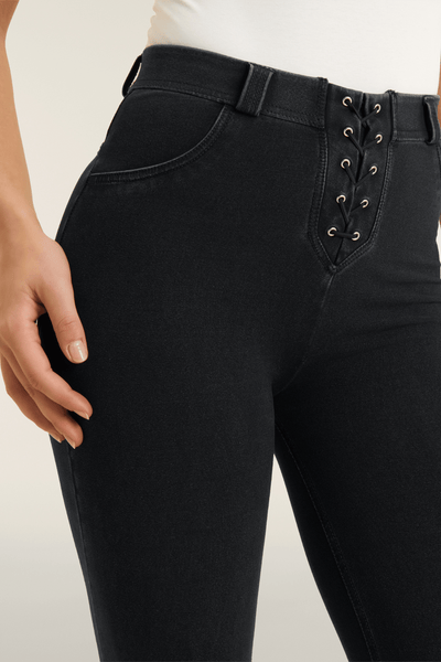 Lace Up Detail Black Denim High Waist Flares