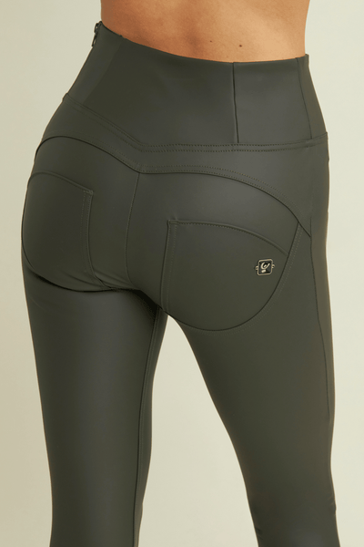 Lace Up Front Detail Leather High Waist Deep Olive Green
