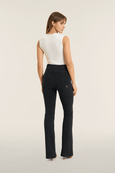 Lace Up Detail Black Denim High Waist Flares