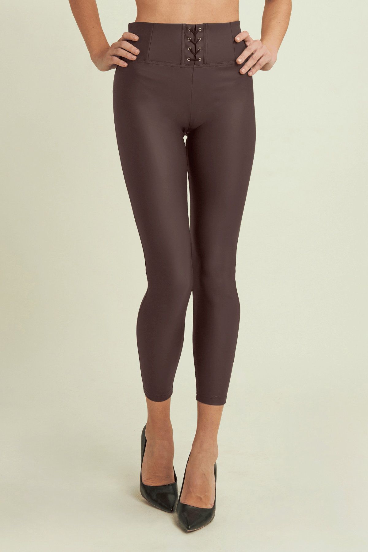 Lace Up Front Detail Leather High Waist Chocolate Brown