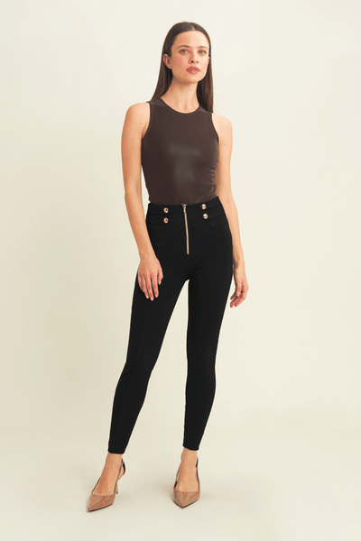 Military Button Detail Cotton High Waist Ankle Length Black