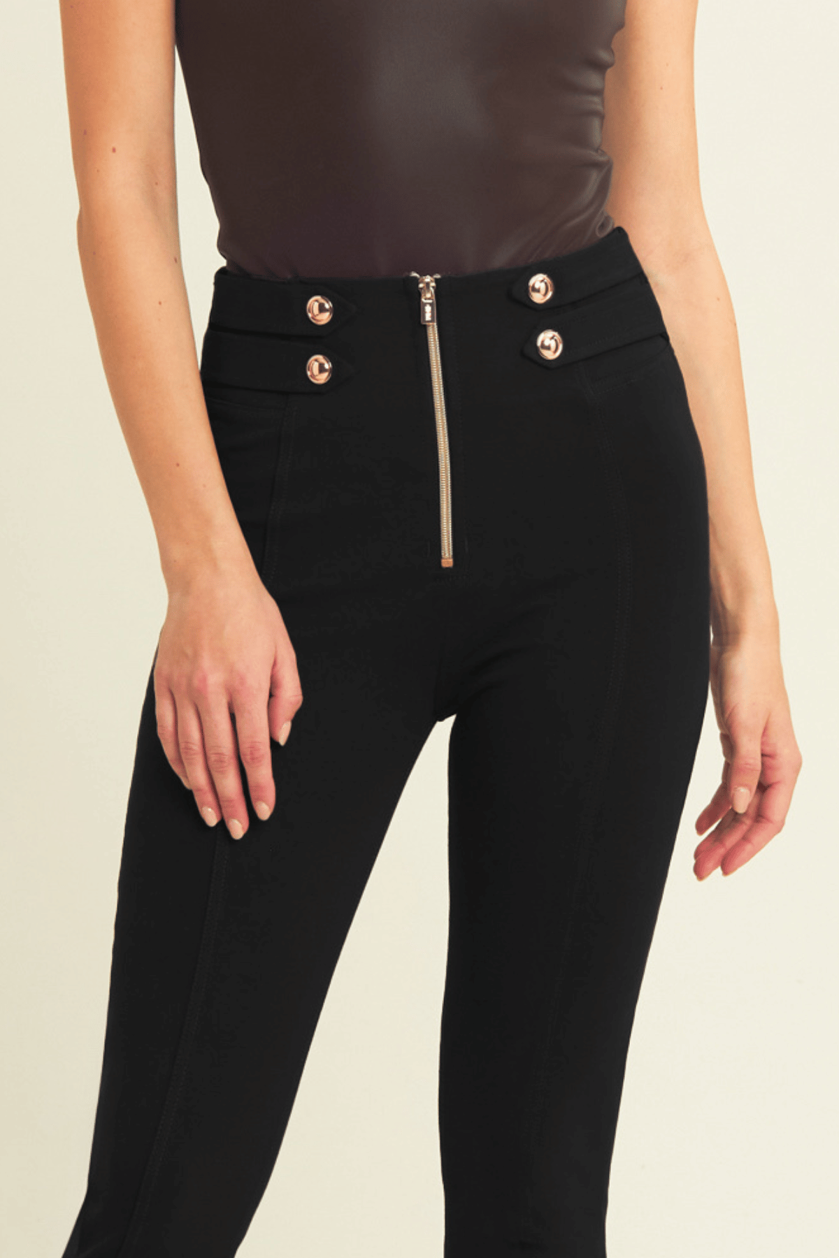 Military Button Detail Cotton High Waist Ankle Length Black