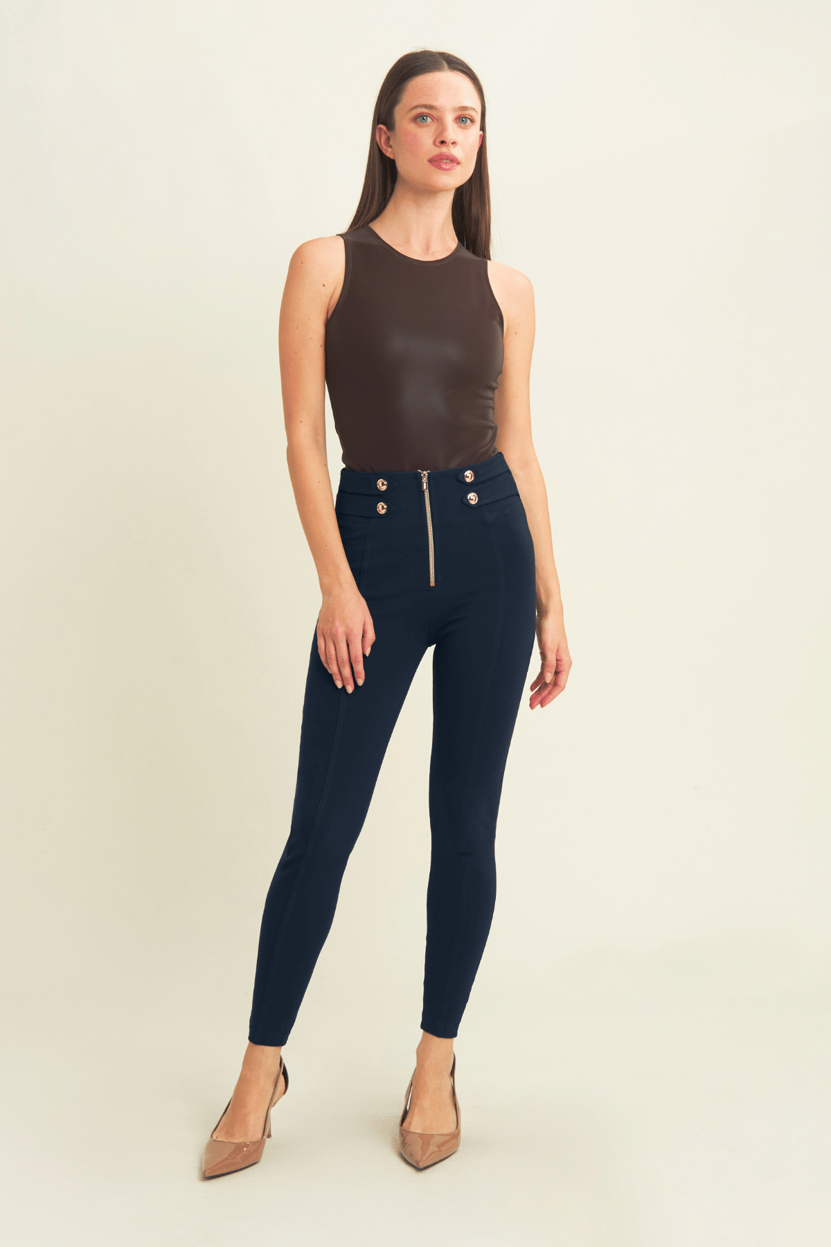 Military Button Detail Cotton High Waist Ankle Length Midnight Navy