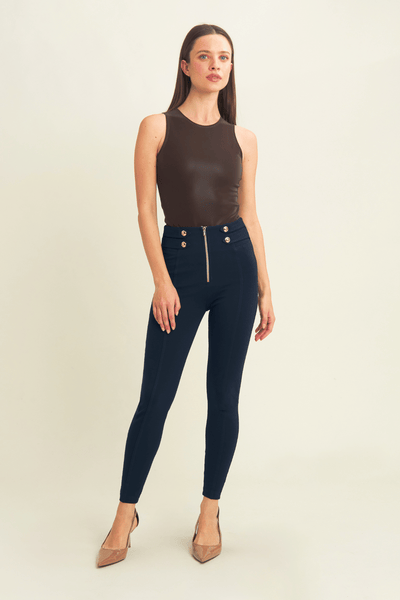 Military Button Detail Cotton High Waist Ankle Length Midnight Navy