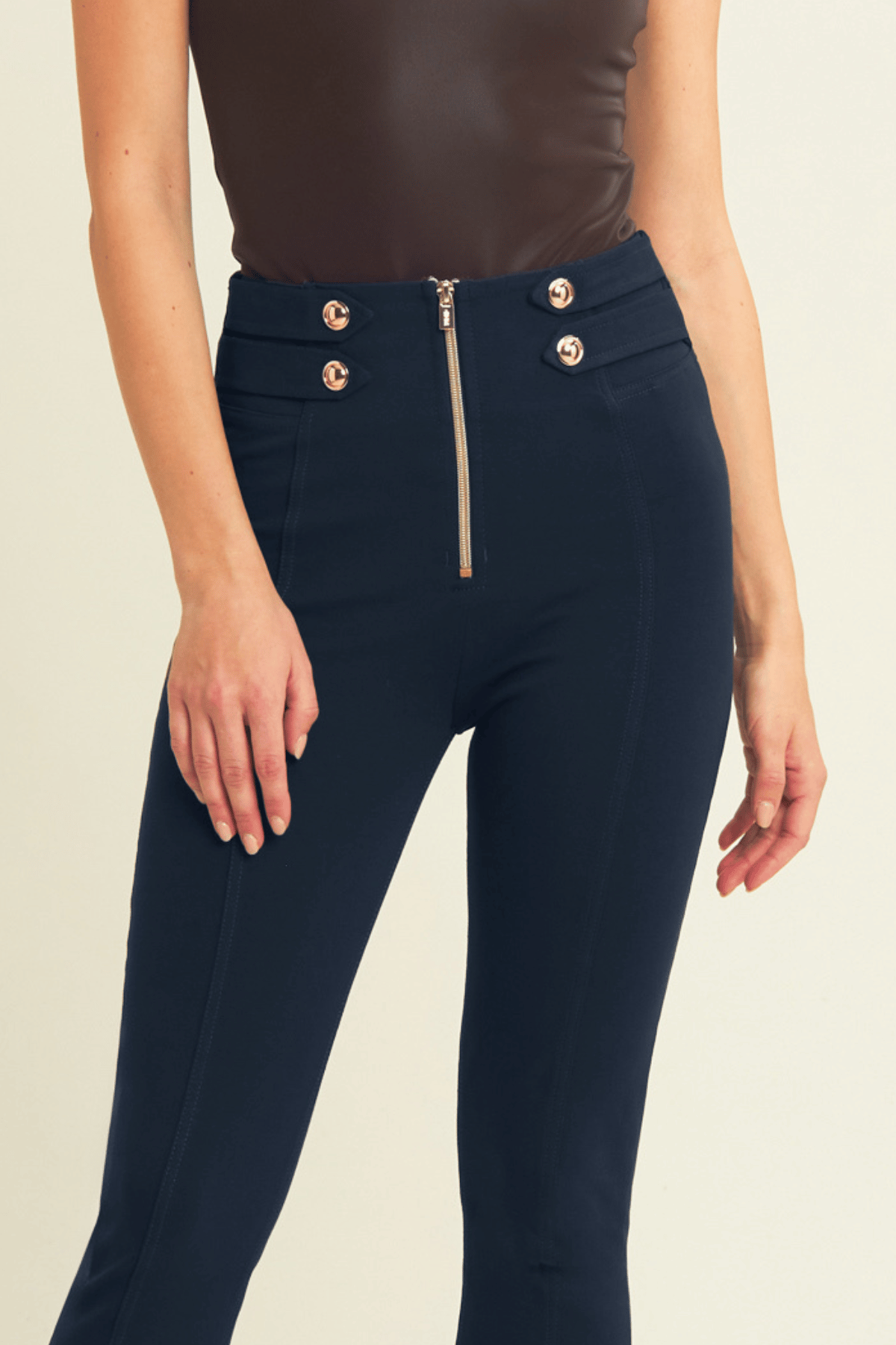 Military Button Detail Cotton High Waist Ankle Length Midnight Navy