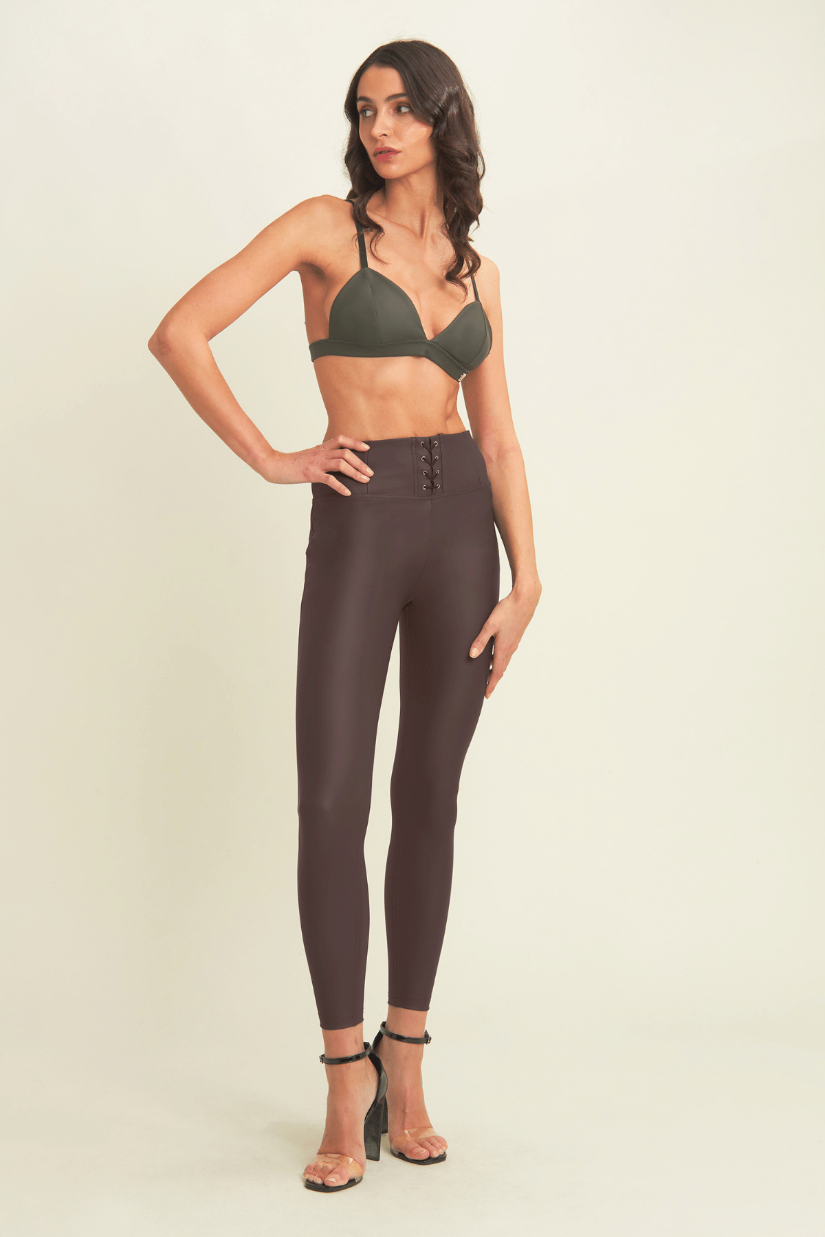 Lace Up Front Detail Leather High Waist Chocolate Brown
