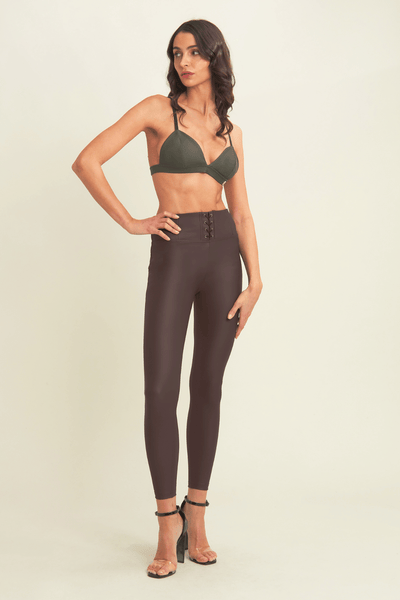 Lace Up Front Detail Leather High Waist Chocolate Brown
