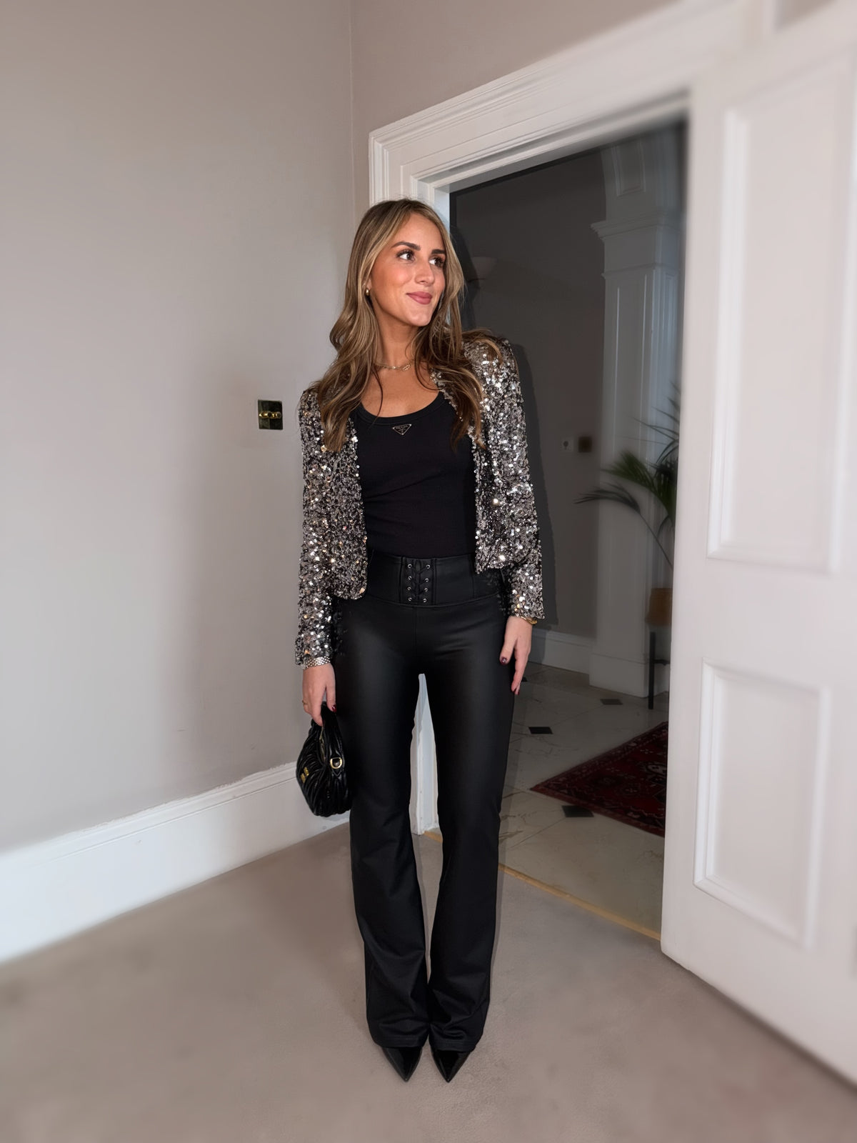 Flared Lace Up Front Detail Leather Black High Waist