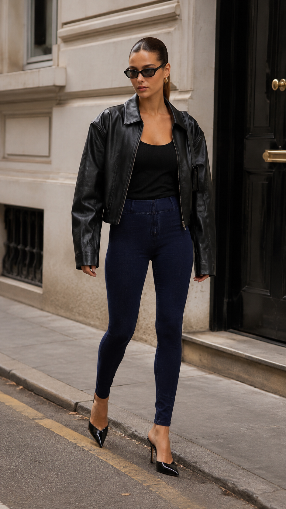 Dark Denim Blue Stitch High Waist Full Length