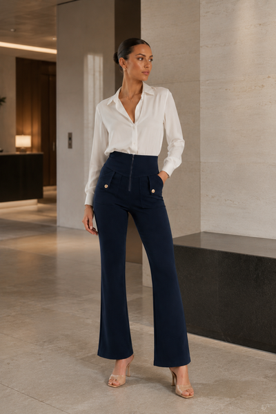 Navy Cotton High Waist Cropped Wide Leg Bootcut
