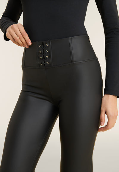 Flared Lace Up Front Detail Leather Black High Waist