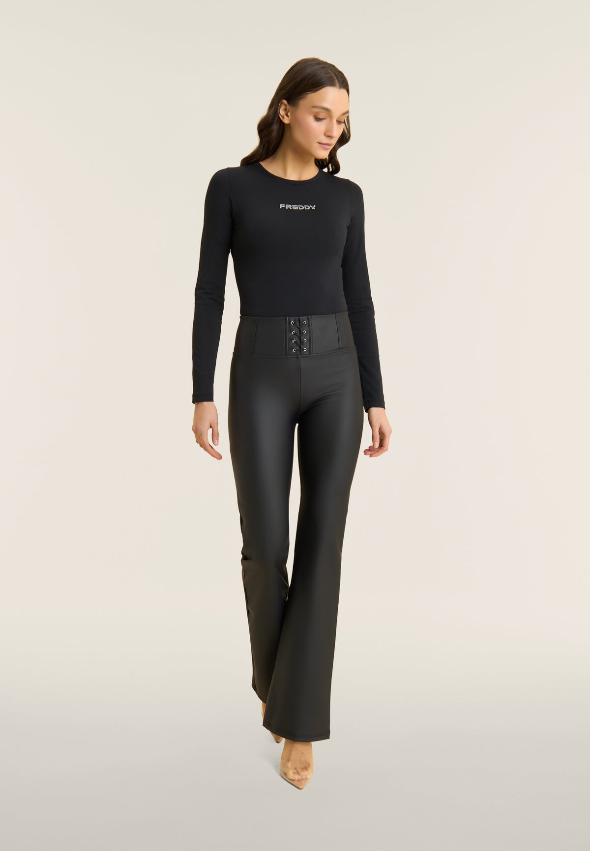 Freddy WR.UP® black faux leather lace up front high waist flares – view 3