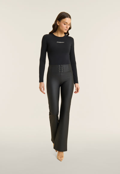 Flared Lace Up Front Detail Leather Black High Waist