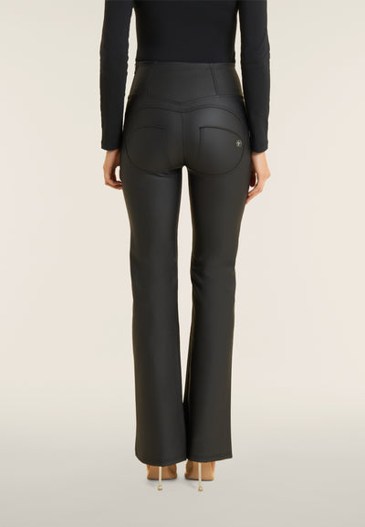 Flared Lace Up Front Detail Leather Black High Waist