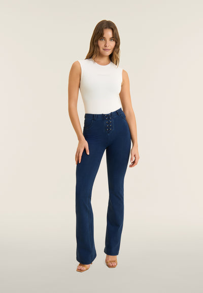 Lace Up Detail Denim High Waist Flares