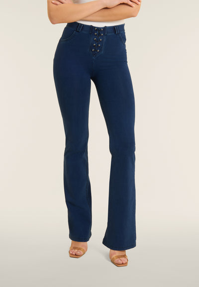 Lace Up Detail Denim High Waist Flares