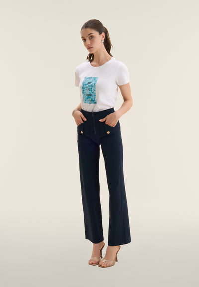 Navy Cotton High Waist Cropped Wide Leg Bootcut