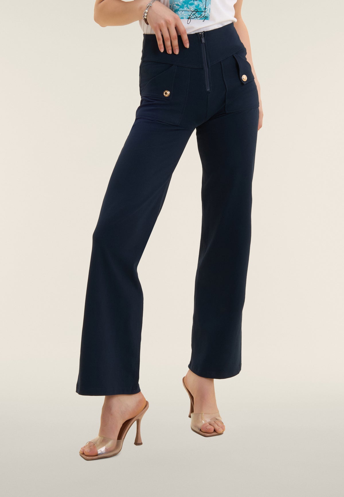 Freddy WR.UP® navy cotton high waist cropped wide leg trousers – view 2