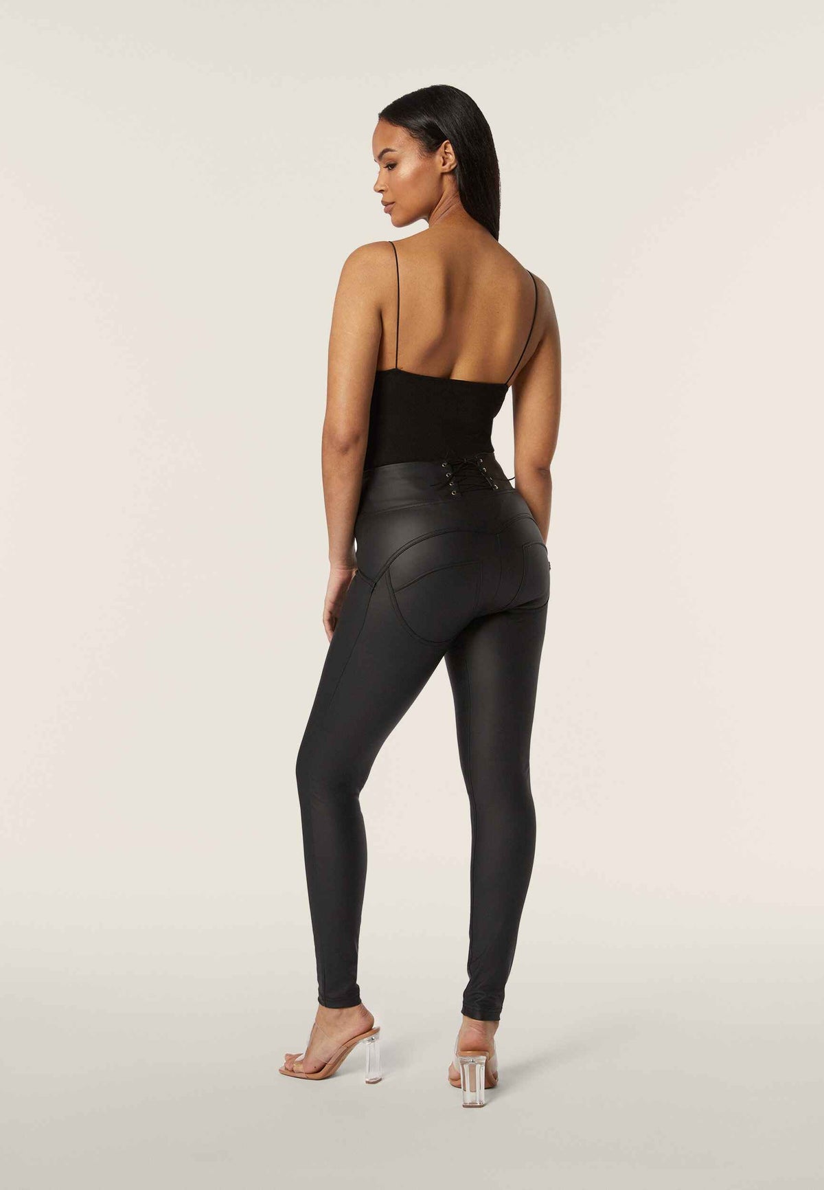 Lace Up Detail Faux Leather High Waist Full Length