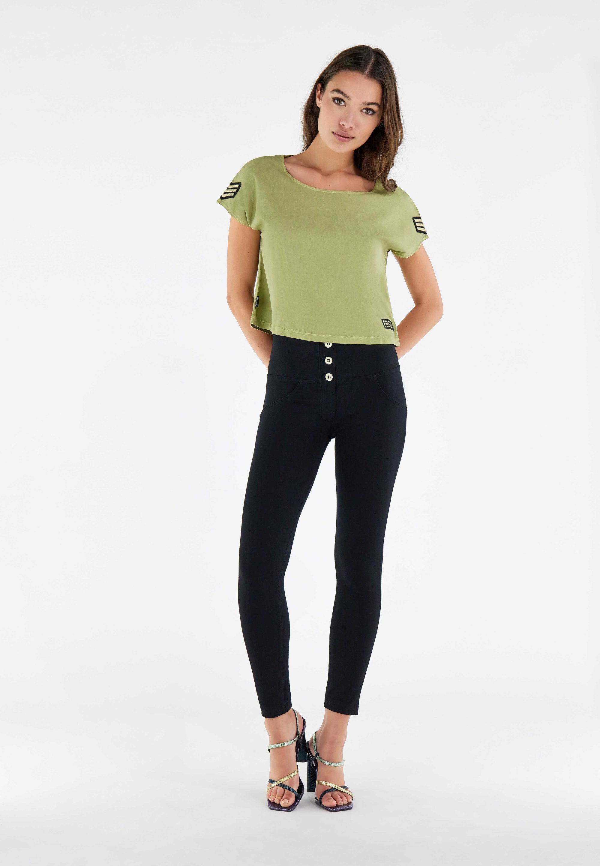 Black Cotton 3-Button Ankle Fit - High-Waisted Skinny Pants