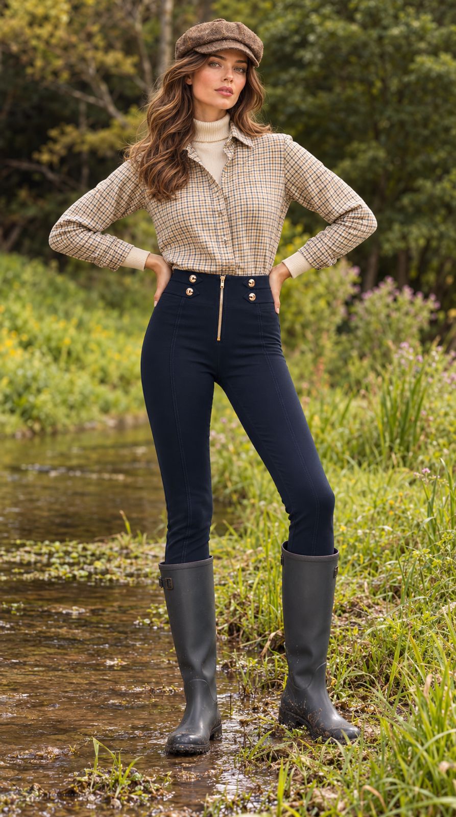 Navy Military Button Skinny Trousers – High Waist, Ankle Length