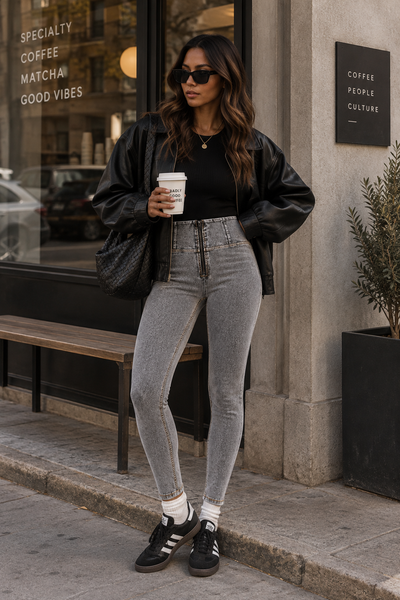 Grey Denim High Waist Ankle Length