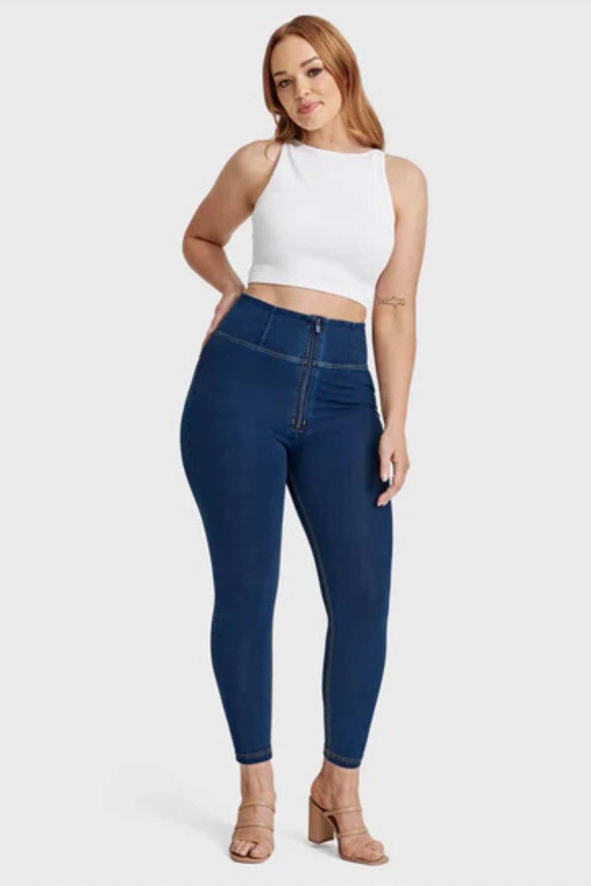 Dark Denim Yellow Stitch High Waist Full Length