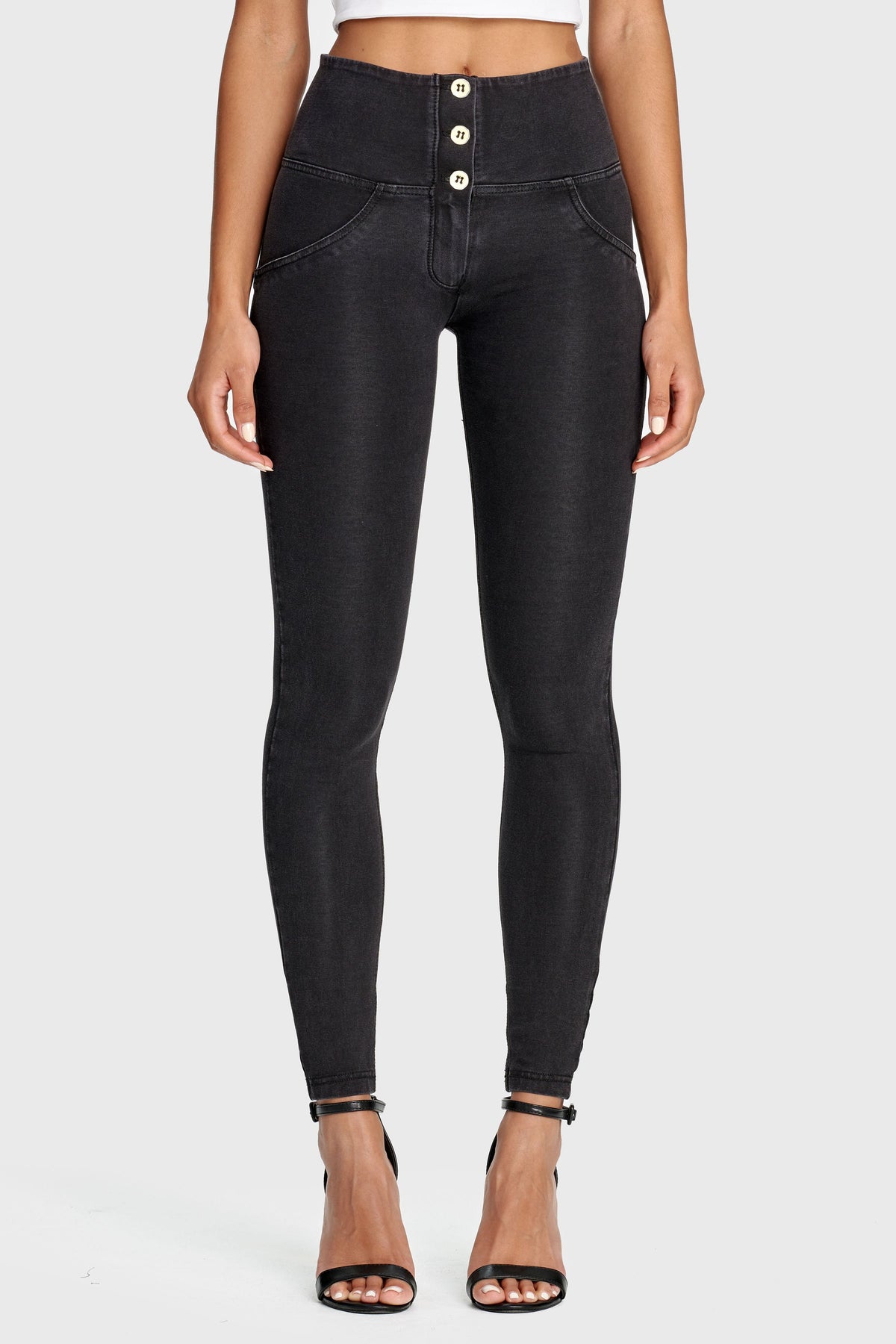 BLACK DENIM 3 BUTTON HIGH RISE